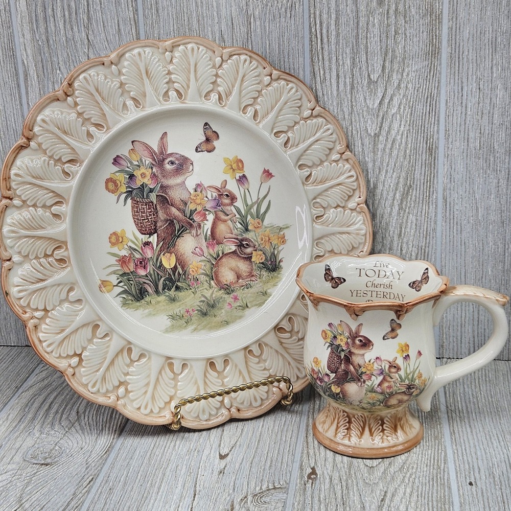 Cracker Barrel Easter Traditions Bunny Mug and Plate Set Scalloped Floral Rabbit